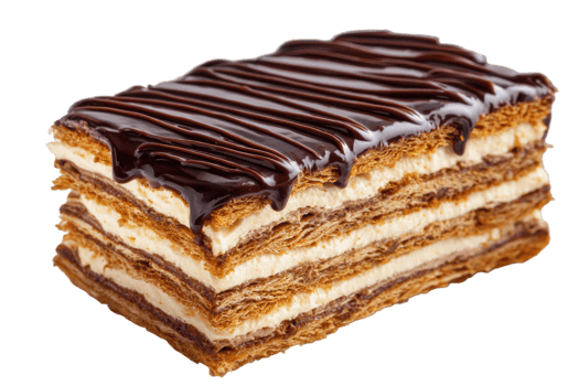 Close up of a layered pastry with cream filling and chocolate ganache on top against a transparent background png