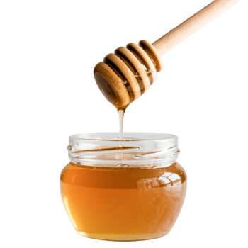 Golden Honey Dripping from Wooden Dipper into Clear Jar against Transparent Background png