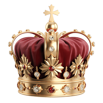 Golden Crown with Red Velvet and Jewels on Transparent Background, Royalty png