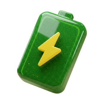 3D glossy green battery with yellow lightning bolt symbol for power and energy png