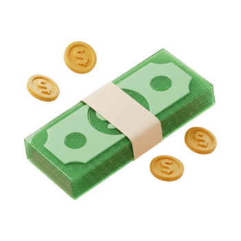 A 3D bundle of green banknotes wrapped with a band and gold coins png