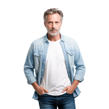 Mature Man in Denim Shirt with Gray Hair, Hands Pockets on Transparent Background png
