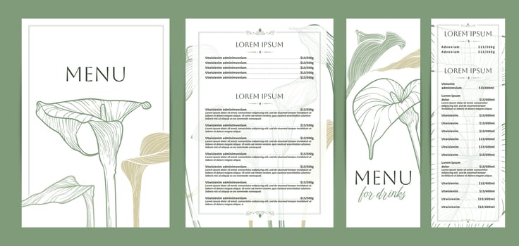 Colorful food and drinks menu designs. Restaurant menu template. Beautiful A4 format with high quality flowers for print and online. Saturated hand drawn line art calla lily illustrations. vector
