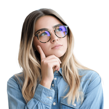 Pensive Blonde Woman with Eyeglasses Gazing Upward Transparent Background png