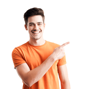 Smiling Caucasian Man in Orange Shirt Pointing with Transparent Background png