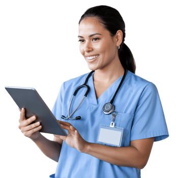 Smiling Hispanic Nurse Uses Tablet in Blue Scrubs with Transparent Background png