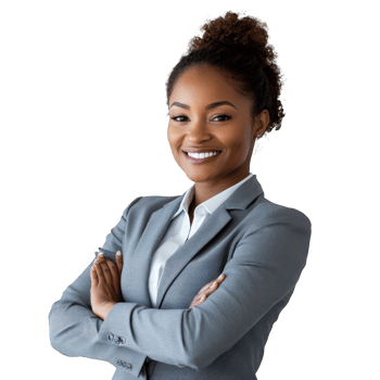 Smiling woman in suit with arms crossed on transparent background png