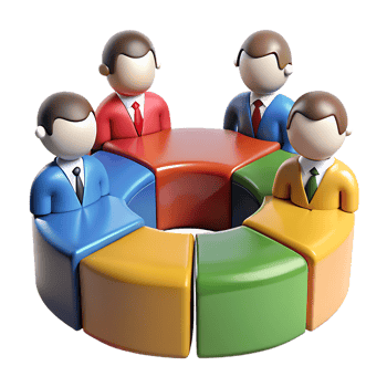 Colorful pie chart representing teamwork and business collaboration with cartoon characters png