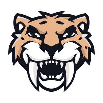 Saber-Toothed Tiger Head with Orange Fur, Spots, and Large Fangs ideal for wild animal branding and competitive team identity vector