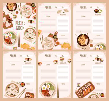 Asian food planner or recipe book. Colorful layout featuring traditional dishes, ramen, sushi, onigiri, and dim sum, along with meal schedule elements and culinary ingredients. Recipe sheets. vector