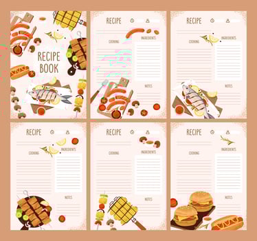 Recipe sheets. BBQ recipe planner. Features grilled meat, vegetables, and picnic ingredients. Flat illustratio. vector