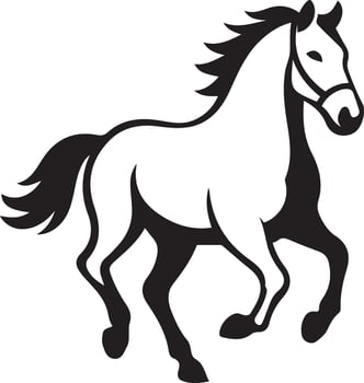 Galloping horse black white illustration, Horse running bold outline design vector