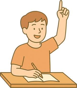 A boy sitting at a desk with his hand up png