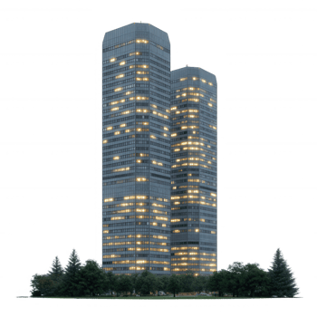 Modern skyscrapers illuminated at night with surrounding trees, creating a striking urban landscape. png
