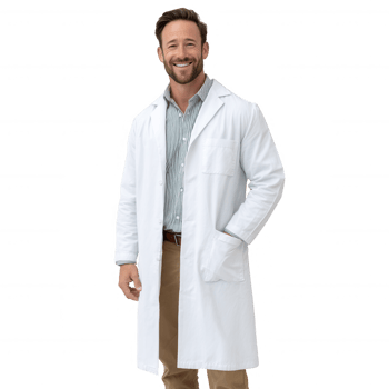 Smiling male doctor wearing a white lab coat and standing confidently, showcasing professionalism and approachability. png
