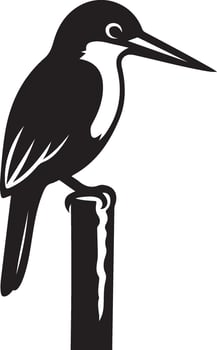 Kingfisher on post black silhouette, Minimal bird perched clean outline vector