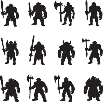 Twelve orc silhouettes with various weapons vector