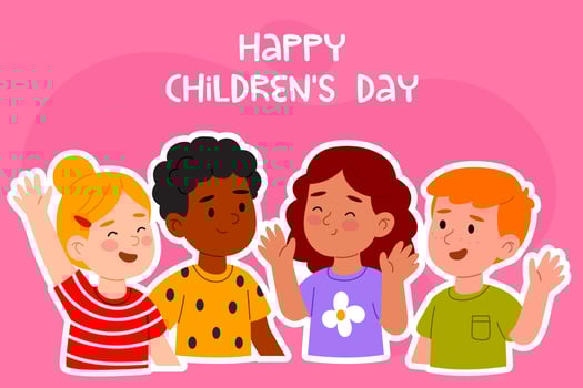 Bright Childrens Day illustration with happy diverse kids waving and smiling. Perfect for greeting cards, banners, or educational materials. Cute cartoon style on pink background. vector