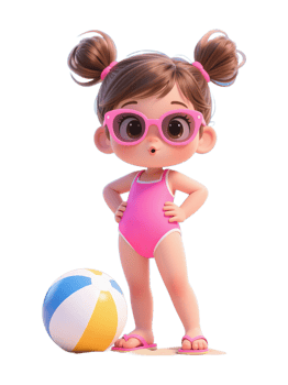 A cartoon girl in a pink swimsuit and pink glasses standing next to a beach ball png