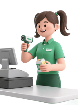 A woman in green shirt holding a cash register png