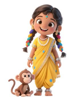 A cartoon girl in a yellow sari with a monkey png