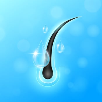 Drops blue serum fall into hair. Hair care too vitamins minerals collagen. Follicles from brittleness, damage make soft and shiny. Shampoo and salon treatment ads. EPS 10. vector