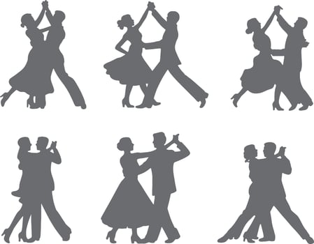 Six silhouettes of couples ballroom dancing vector