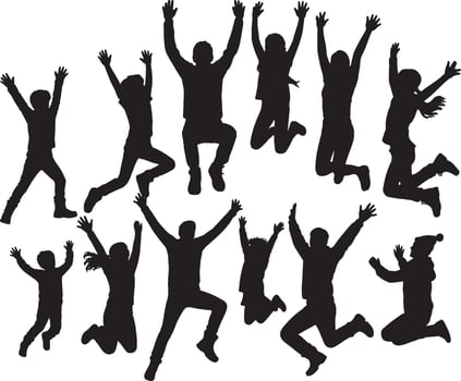 Silhouettes of happy jumping people family fun vector