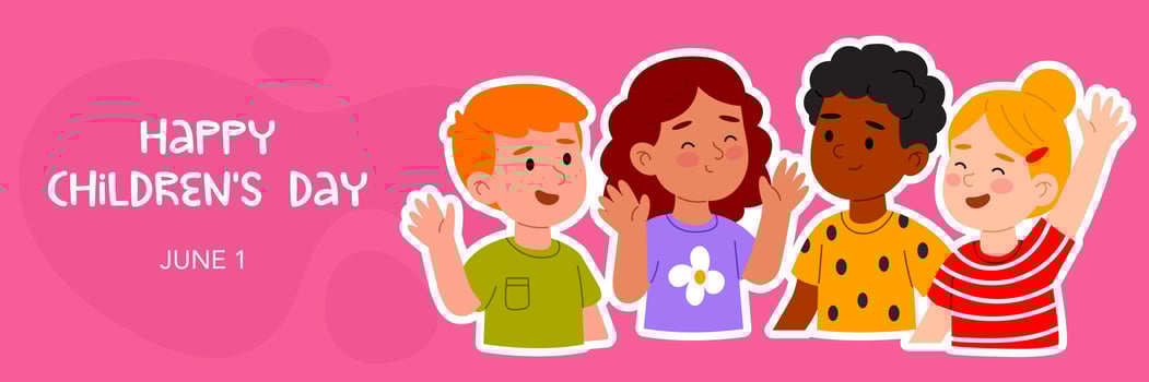 Bright banner for International Children's Day featuring a group of smiling, multicultural children waving hands on a pink background. vector