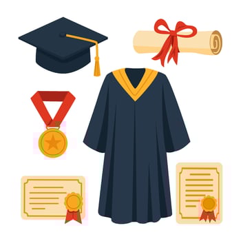 Graduation Elements Set, Cap, Gown, Diploma, Certificate, and Medal Illustration vector