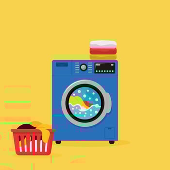 blue washing machine with laundry and basket on yellow background flat illustration. vector