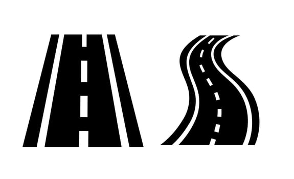 Curved road icon. A solid black graphic symbolizing winding paths, scenic routes, travel, and variable terrain in transportation. vector