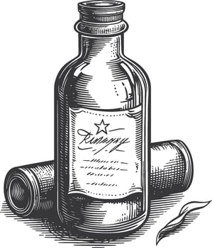 Vintage Engraved Bottle with Decorative Scrolls and Label Design vector