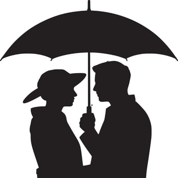 Silhouette of a couple under an umbrella facing each other in black and white minimalist illustration vector