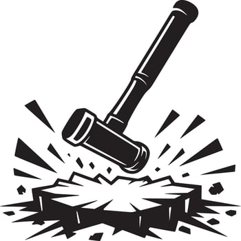 A black and white illustration of a hammer striking a rock surface with shards flying outwards around it vector