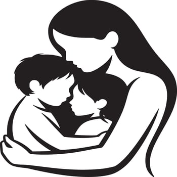 Mother embracing two children in a black and white illustration with long flowing hair design vector