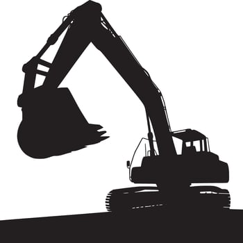 Silhouette of an excavator with raised boom and bucket against a plain white background in black and white vector