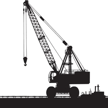 Silhouette of a large crane with a hook against a city skyline in a monochromatic illustration vector