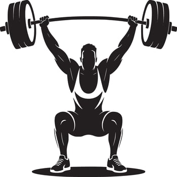 Silhouette of a weightlifter performing a squat with a barbell overhead in a black and white image vector