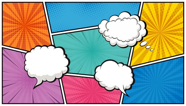Comic book page template with empty dialog bubbles. Graphic layout with blank speech clouds. Pop art background illustration. vector