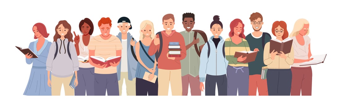 Group of diverse college students with backpacks and books. Young classmates in casual clothes standing together vector