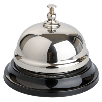 Polished silver call bell with reflective surface, hotel or restaurant desk accessory, isolated on transparent background png