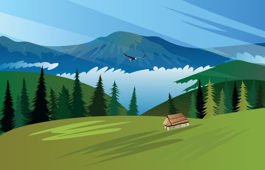 Mountain landscape with wooden house in the forest. Blue sky with clouds and green grass. illustration. vector