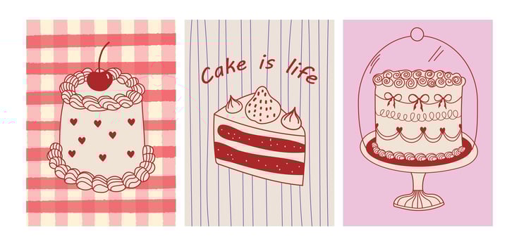 Set of hand drawn vintage birthday posters with cakes on checkered background. Hand drawn cakes. Sweet coquette style.Whimsical treats. vector