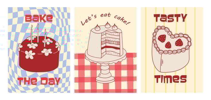 Set of hand drawn vintage birthday posters with cakes on checkered background. Whimsical treats. Hand drawn cakes. Sweet coquette style. Contemporary art illustrations. vector