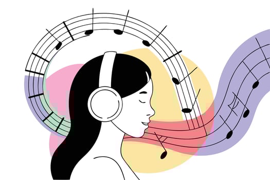 A Young Woman Immersed in Music with Headphones and Abstract Musical Elements vector