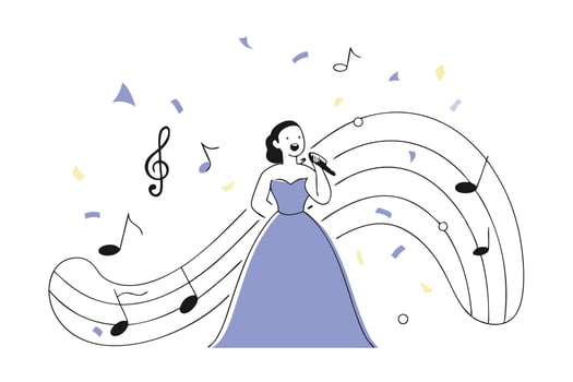 Artistic portrayal of a woman in blue dress singing with vibrant musical background celebrating global music culture vector