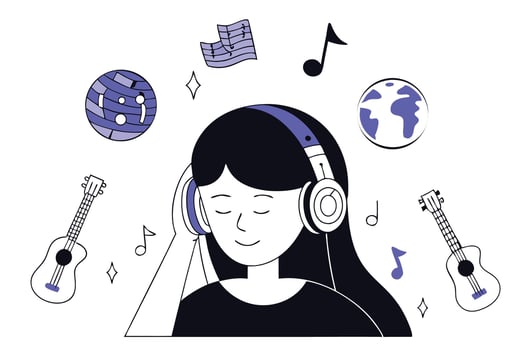 Girl with headphones enjoying music, immersed in sound and rhythm, representing modern music culture and personal relaxation. vector