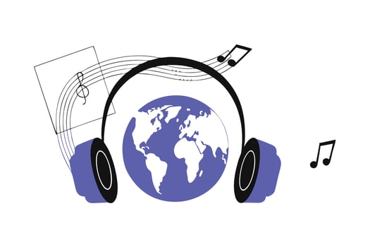 World music vibe featuring map, headphones, vinyl record and musical notes capturing the essence of worldwide music celebration vector