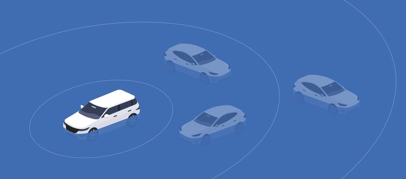 Flood emergency concept with isometric cars in blue tones. One highlighted vehicle represents risk assessment and disaster awareness in urban environments. vector